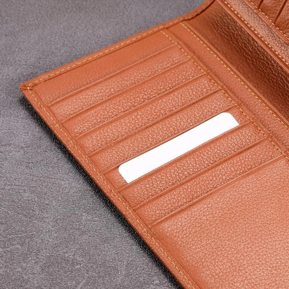 Men's Dark Tan Full Grain Leather Long Bifold Wallet Credit Card Slots Style